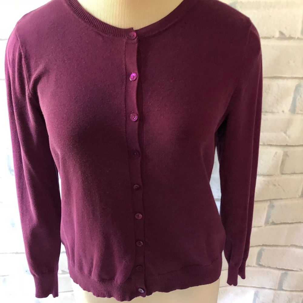 August Silk Purple Cardigan Sweater. Petite Medium.